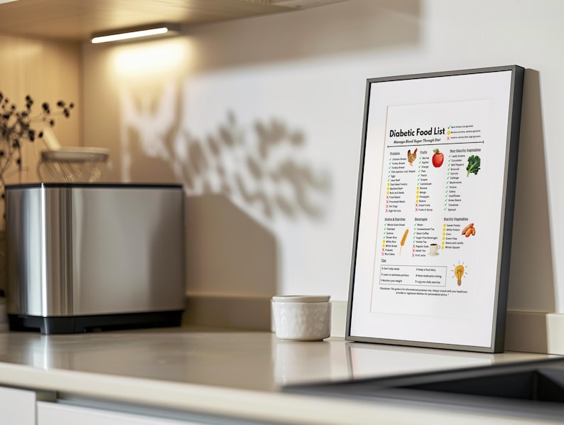 May include: A framed print titled "Diabetic Food List" with a black frame, displayed on a kitchen counter. The list categorizes foods, with illustrations of fruits, vegetables, and other items. A stainless steel toaster and small white ceramic container are also visible.
