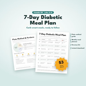Puede incluir: Un documento PDF imprimible de plan de comidas para diabéticos de 7 días que incluye un horario semanal, una guía del método del plato para el control de porciones y un gráfico en forma de estrella que destaca 53 ideas de comidas.