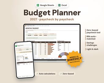 Budget Planner Google Sheets Template, Budget Spreadsheet 2027, Paycheck Budget, Zero Based Budget Tracker, Digital Budget Planner Excel