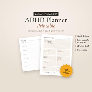 ADHDプランナー（印刷可能）、ADHDワークシート（印刷可能）、ADHD学生プランナー、ブレインダンプ（印刷可能）、実行機能プランナー（PDF）、レターサイズ（A4）