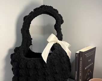 Chunky Popcorn crochet shoulder bag, Crochet Tote, Crochet Bow Bag