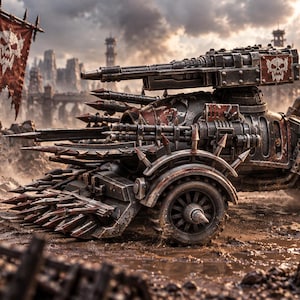 May include: A dark, weathered armored combat vehicle featuring a large front-mounted spiked ram, multiple side-mounted cannons, and a rotating turret on top. The vehicle displays a white skull emblem on a red background and has heavy-duty wheels.