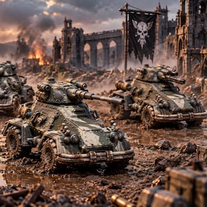 May include: Four green and brown camouflage armored combat vehicles with mounted cannons positioned on a muddy, war-torn battlefield. In the background, ruined stone structures and a black flag featuring a white skull emblem are visible under a sunset.
