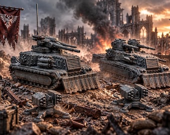 May include: Two grey armored tanks with dual cannons and front-mounted plows sit on a debris-filled battlefield. A red banner with a white eagle emblem flies nearby, alongside two small stationary turret emplacements and supply crates.