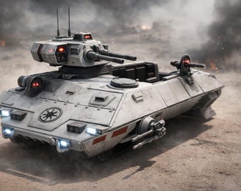 May include: A light gray armored vehicle with multiple gun turrets and a circular emblem. The vehicle has red lights and is set against a desert backdrop with smoke and fire in the distance. It has a futuristic design.