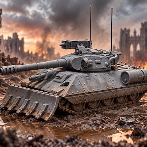 May include: A grey military tank featuring a front-mounted bulldozer blade, a long main cannon, and two vertical antennas. The vehicle has a riveted hull, side-mounted cylindrical fuel tanks, and tracks positioned on a muddy, war-torn battlefield.
