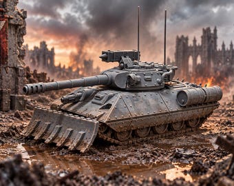 May include: A grey military tank featuring a front-mounted bulldozer blade, a long main cannon, and two vertical antennas. The vehicle has a riveted hull, side-mounted cylindrical fuel tanks, and tracks positioned on a muddy, war-torn battlefield.
