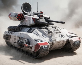 May include: A detailed image of a futuristic white and red tank with multiple cannons and missile launchers. The tank has a large radar dish and is set against a dusty, desert-like background. The tank has a star emblem on the side.