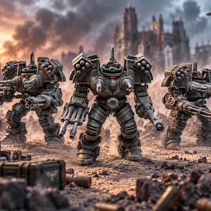 May include: Three olive-drab armored combat robots stand in a ruined landscape. Each robot features dual shoulder-mounted missile launchers, twin chest-mounted cannons, and a multi-barreled gatling gun on one arm. A dark banner with a white eagle emblem stands nearby.