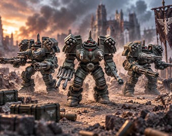 May include: Three olive-drab armored combat robots stand in a ruined landscape. Each robot features dual shoulder-mounted missile launchers, twin chest-mounted cannons, and a multi-barreled gatling gun on one arm. A dark banner with a white eagle emblem stands nearby.