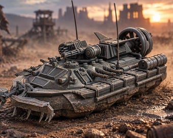 May include: A dark gray armored hovercraft vehicle featuring a front-mounted spiked plow, a rotating turret with a multi-barreled cannon, two vertical antennas, and a large rear-facing propulsion fan, all set in a rugged, dusty terrain.