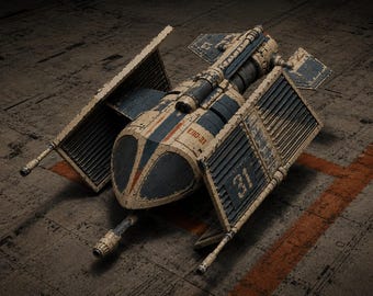 May include: A detailed model of a spacecraft with a weathered, vintage aesthetic. The ship features a cream and blue color scheme with red accents and the number "31" on the wing. The model is set against a textured, industrial background.