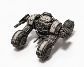 May include: A detailed model of a futuristic vehicle with a weathered, metallic finish. The vehicle features a central cockpit, multiple weapons, and circular wheel-like structures. The color scheme is primarily off-white and gray, with black accents and Imperial insignias.