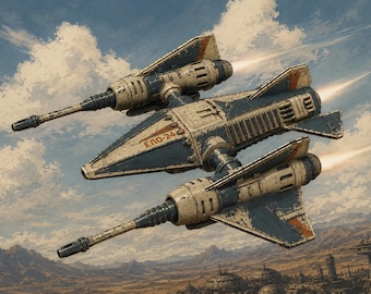 May include: A vintage-style illustration of a spacecraft in flight. The ship is primarily blue and cream with orange accents, and the text "ENO-24" is visible. The background features a desert landscape and a cloudy sky.