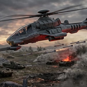 May include: A grey military attack helicopter in flight, featuring a cockpit, rotating top blades, and a mounted front cannon firing. The aircraft is positioned above a battlefield with tanks, smoke, fire, and several missiles in mid-air.