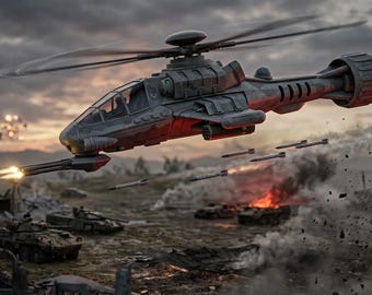 May include: A gray military attack helicopter in flight, featuring a cockpit, rotating top blades, and a mounted front cannon firing. The aircraft is positioned above a battlefield with tanks, smoke, fire, and several missiles in mid-air.