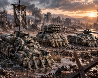 May include: Three weathered military tanks traverse a muddy, war-torn landscape at sunset. The lead tank features a tall, tattered black banner with a white winged skull emblem. Each vehicle is equipped with heavy armor, treads, and weaponry.
