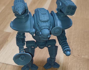 May include: A gray, detailed, plastic model of a robot with a large, round head and multiple weapons. The robot has a spring-loaded arm and a large, round, disc-shaped weapon.