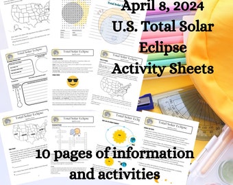 April 8, 2024 Total Solar Eclipse activity pages, printable eclipse worksheets, eclipse memory sheet, 10 information and activity sheets