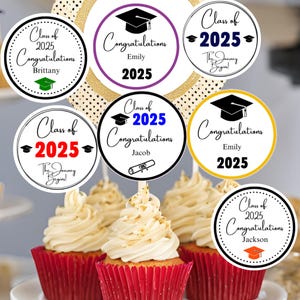 Class of 2025 Graduation Cupcake Toppers, editable name, grad party decor, open house supplies