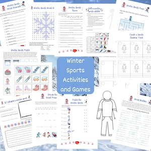 May include: A collection of printable winter sports activities and games, including word scrambles, mazes, trivia, and matching games. The pages feature illustrations of winter sports equipment and athletes. The title "Winter Sports Activities and Games" is displayed.