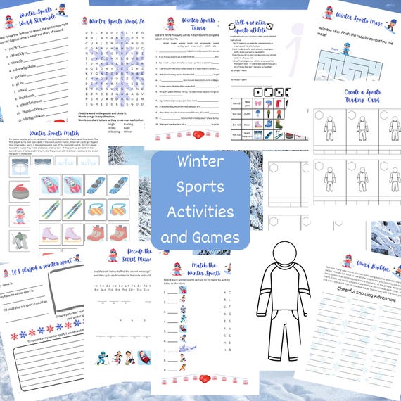 Winter sports activities, classroom games, word search, matching, trading card templates
