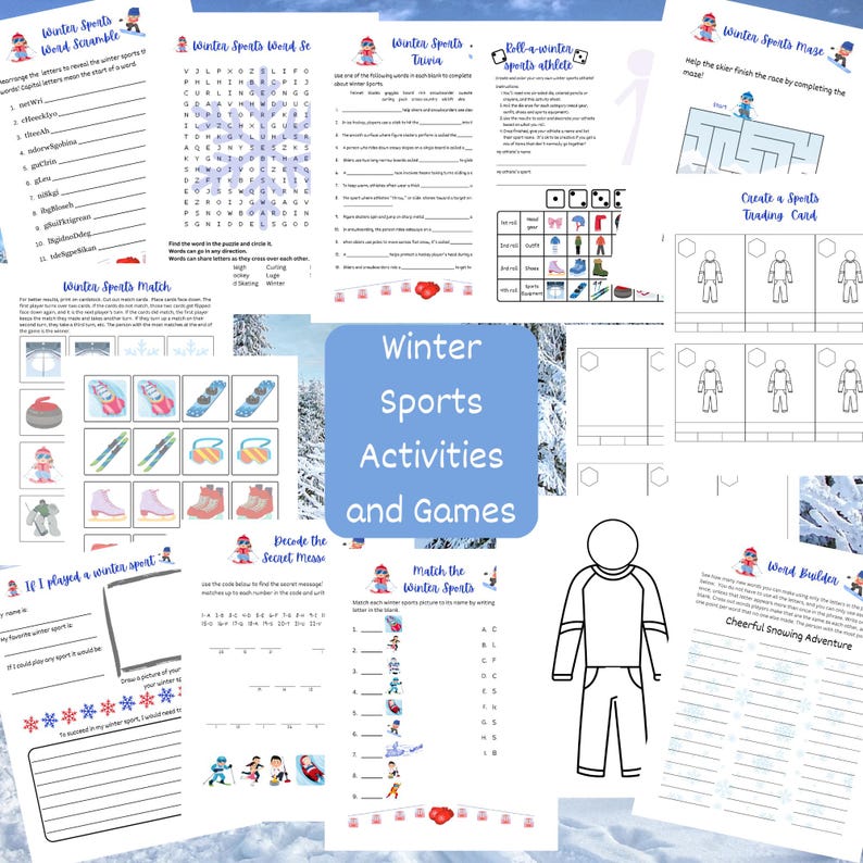 May include: A collection of printable winter sports activities and games, including word scrambles, mazes, trivia, and matching games. The pages feature illustrations of winter sports equipment and athletes. The title "Winter Sports Activities and Games" is displayed.