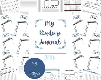 2026 reading journal, bookshelf log, printable book tracker sheets, character profile