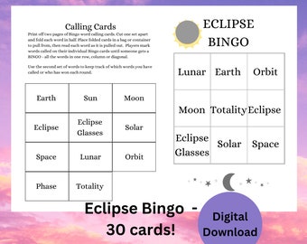 Eclipse Bingo game, printable bingo sheets