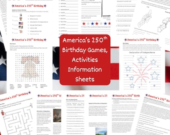 America 250th birthday games, Declaration of Independence information sheets and activities