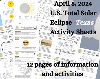 April 8, 2024 Total Solar Eclipse Texas information, activity, and eclipse memory sheets, 12 pages printable worksheets, eclipse 2024 Texas