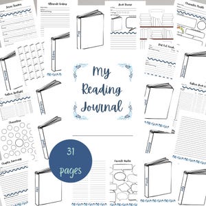 Könnte beinhalten: Eine Sammlung von 31 druckbaren Seiten für ein Lesetagebuch mit schwarz-weißen Layouts, darunter Buchrezensionen, Charakterprofile, Serien-Tracker und monatliche Buchprotokolle mit dem Text My Reading Journal.