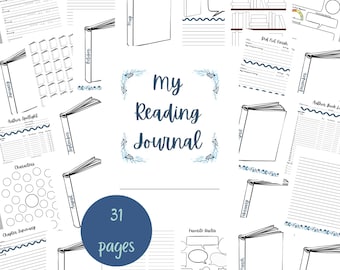 May include: A collection of 31 printable pages for a reading journal, featuring black and white line art layouts including book reviews, character profiles, series trackers, and monthly book logs with the text My Reading Journal.