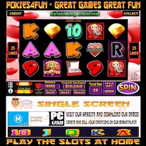 May include: A colourful slot machine game with a pink, red and white heart theme. The game has a single screen and features a variety of symbols, including hearts, rings and a scatter symbol. The game also has a balance, grand jackpot, total bet and max bet display. The game is titled "Pokies4Fun - Great Games Great Fun".