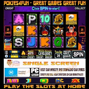 May include: A digital slot machine interface with Halloween symbols, including skulls, witch hats, and playing card suits. The game features text that says "Spooky" and "Wild", with options to spin and collect. The game is labeled "Pokies4Fun".