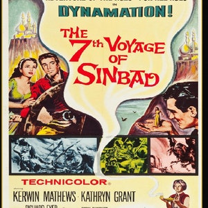Peut inclure: Une affiche de film vintage pour "Le 7ème Voyage de Sinbad", un film d'aventure classique avec Kerwin Mathews et Kathryn Grant. L'affiche présente une illustration colorée de Sinbad, un génie et un oiseau géant.