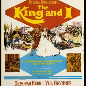 May include: A vintage movie poster for "The King and I" in a gold collector's edition. The poster features a couple in formal attire, with the title in large yellow letters. The poster includes the names of the stars and the studio.
