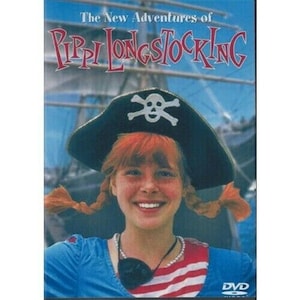 May include: DVD cover featuring a girl with red braids wearing a black pirate hat with a skull and crossbones design. The title "The New Adventures of Pippi Longstocking" is printed in white on a blue background.
