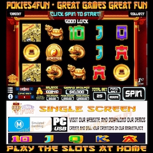 May include: A colourful slot machine game with a red and gold background. The game features a variety of symbols, including a turtle, a fish, and a coin. The game also has a "Golden Trains" theme. The text "POKIES4FUN - GREAT GAMES GREAT FUN" is at the top of the screen. The text "CLICK SPIN TO START" is below the game. The text "GOOD LUCK" is below the game. The text "COLLECT" is at the top right of the screen. The text "1c GAME" is at the top right of the screen. The text "SPIN" is at the bottom right of the screen. The text "SINGLE SCREEN" is at the bottom of the screen. The text "VISIT OUR WEBSITE AND DOWNLOAD OUR DEMOS" is below the game. The text "CREATE AND SELL YOUR CREATIONS ON OUR MARKETPLACE" is below the game. The text "PLAY THE SLOTS AT HOME" is at the bottom of the screen.