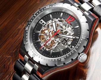 May include: A wooden automatic watch with a silver bezel and a black face. The watch features visible gears and red accents on the numbers. The band is a combination of wood and silver metal. The text "Wood Automatic Watch" is at the top.