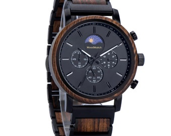 Collezione di orologi in legno con cronografo classico con fasi lunari: eleganza senza tempo ispirata alla natura