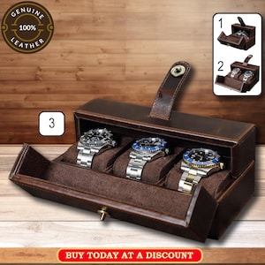 Leather Watch Box, Mens Watch Holder, Wristwatch Storage Box, Personalized Watch Organizer with 1, 2, or 3 Slots, Anniversary Gift for Men