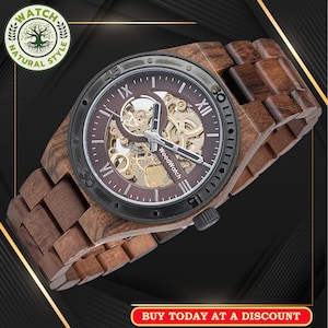 Engraved Wood Watch: Men&#39;s Automatic Mechanical Timepiece