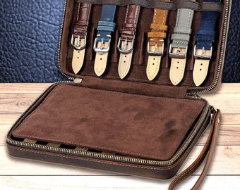 Leather 12-Slot Watch Strap Organizer: Travel Watch Band Case