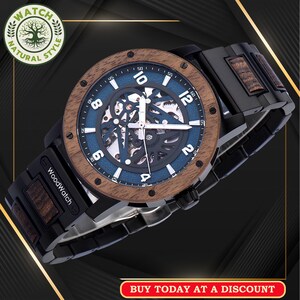 Steampunk Skeleton Watch: Handmade Ebony & Stainless Steel Mechanical Wristwatch