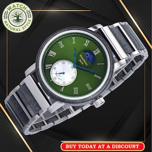 Engraved wooden mechanical watch for men - moon phase indicator, automatic day and date display