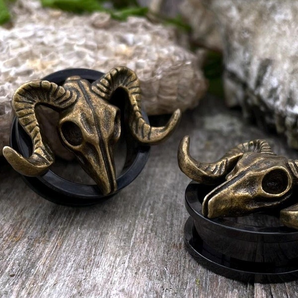 Baphomet Ear Tunnels - Black Stainless Steel Ear Plugs - Goat Skull Gothic Screw Fit Ear Gauges - Goat's Head Punk Pagan Goth Earrings