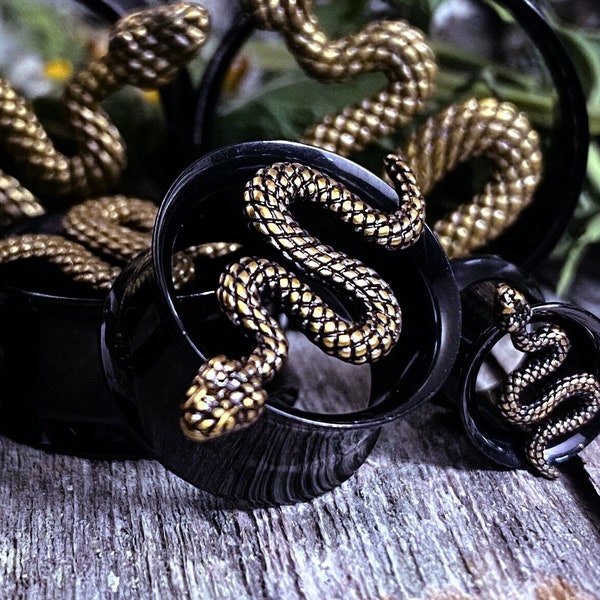 Golden Serpent Ear Tunnels - Black Stainless Steel Ear Plugs - Punk Pagan Goth Talisman Metal Eyelet  - Gothic Saddle Snake Ear Gauges