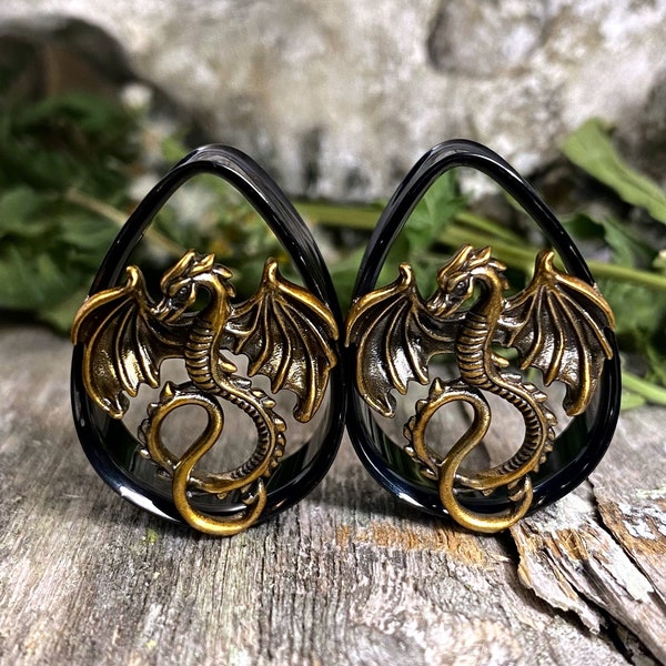 Golden Dragon Teardrop Ear Tunnels - Black Stainless Steel Ear Plugs - Pagan Goth Talisman Metal Eyelet  - Gothic Saddle Ear Gauges