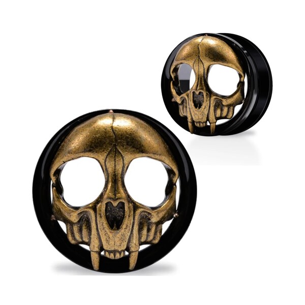 Black Stainless Steel Ear Tunnels - Gold Vampire Skull with Fangs Ear Plugs - Gothic Screw Fit Ear Gauges - Punk Pagan Goth Earrings